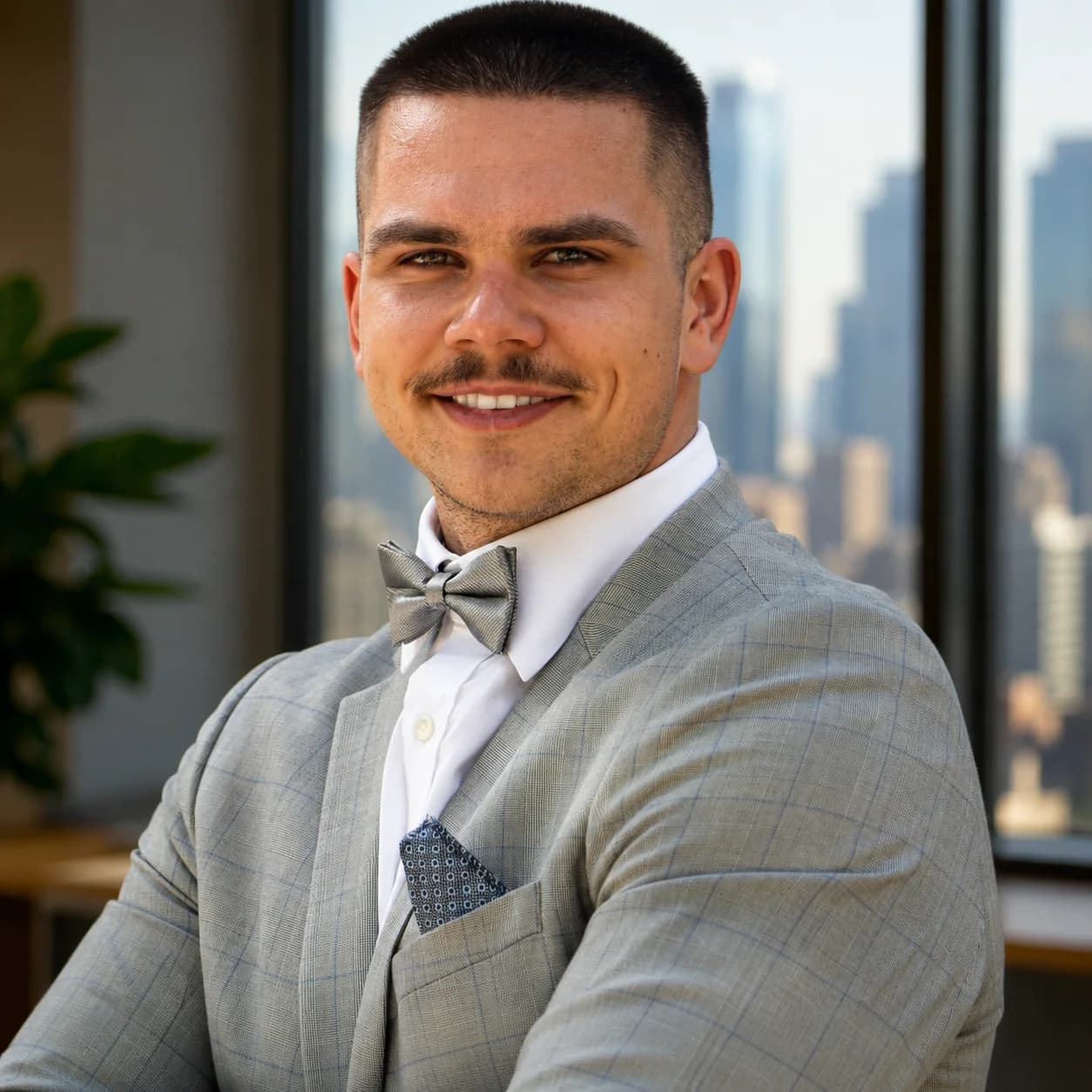 Portrait of Sasha Jarnikov, licensed advisor, in an open-collared shirt and blazer